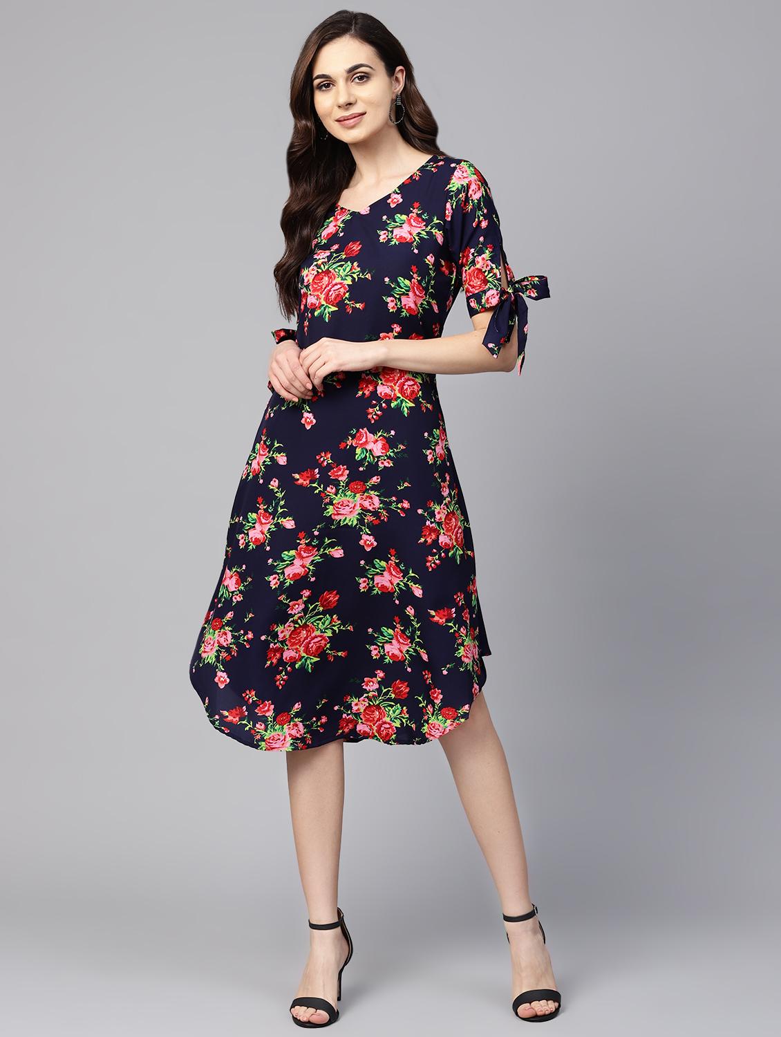 tie up sleeved floral a-line dress - 16546609 - Zoom Image - 1