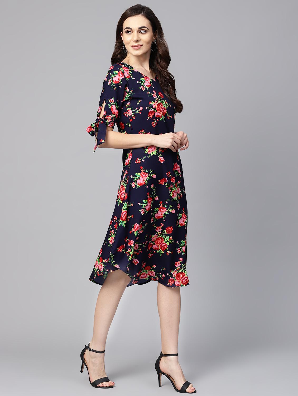 tie up sleeved floral a-line dress - 16546609 - Zoom Image - 2