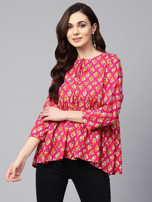 tie up neck block print top - 16546613 - Standard Image - 1