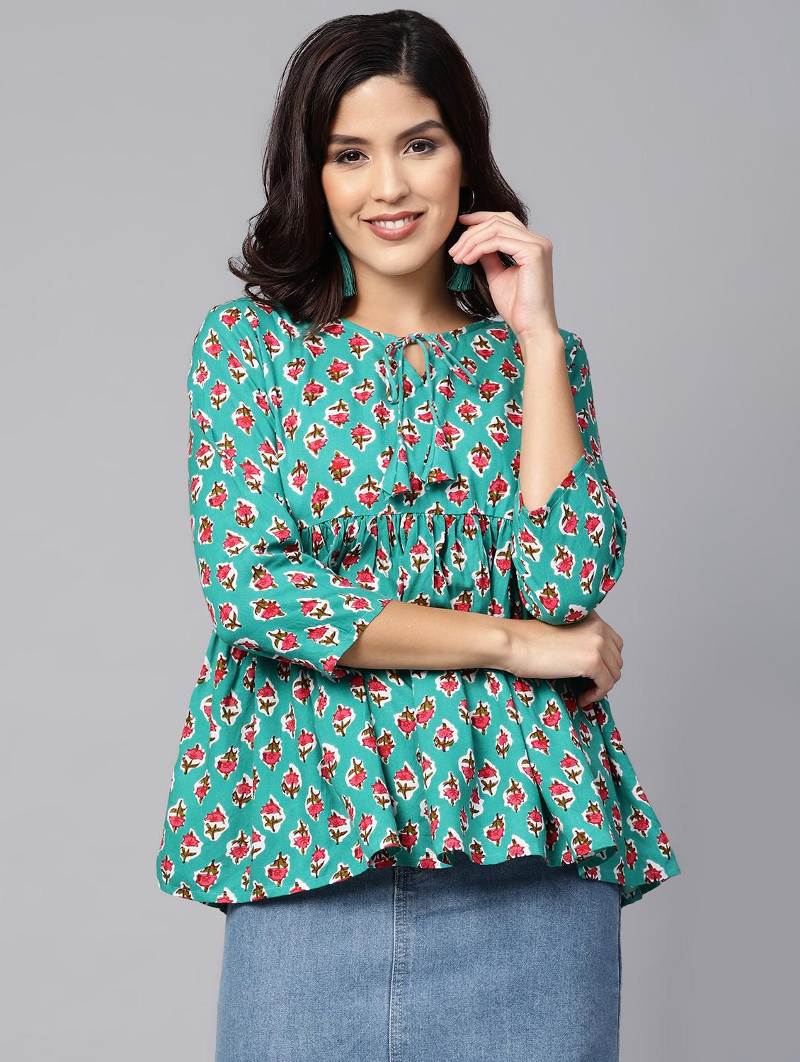 tie up neck block print top - 16546614 - Zoom Image - 1