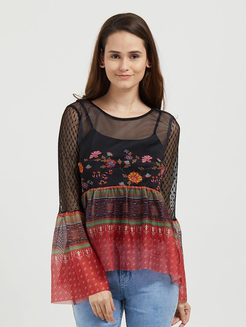 bell sleeved printed sheer top - 16547626 - Zoom Image - 1