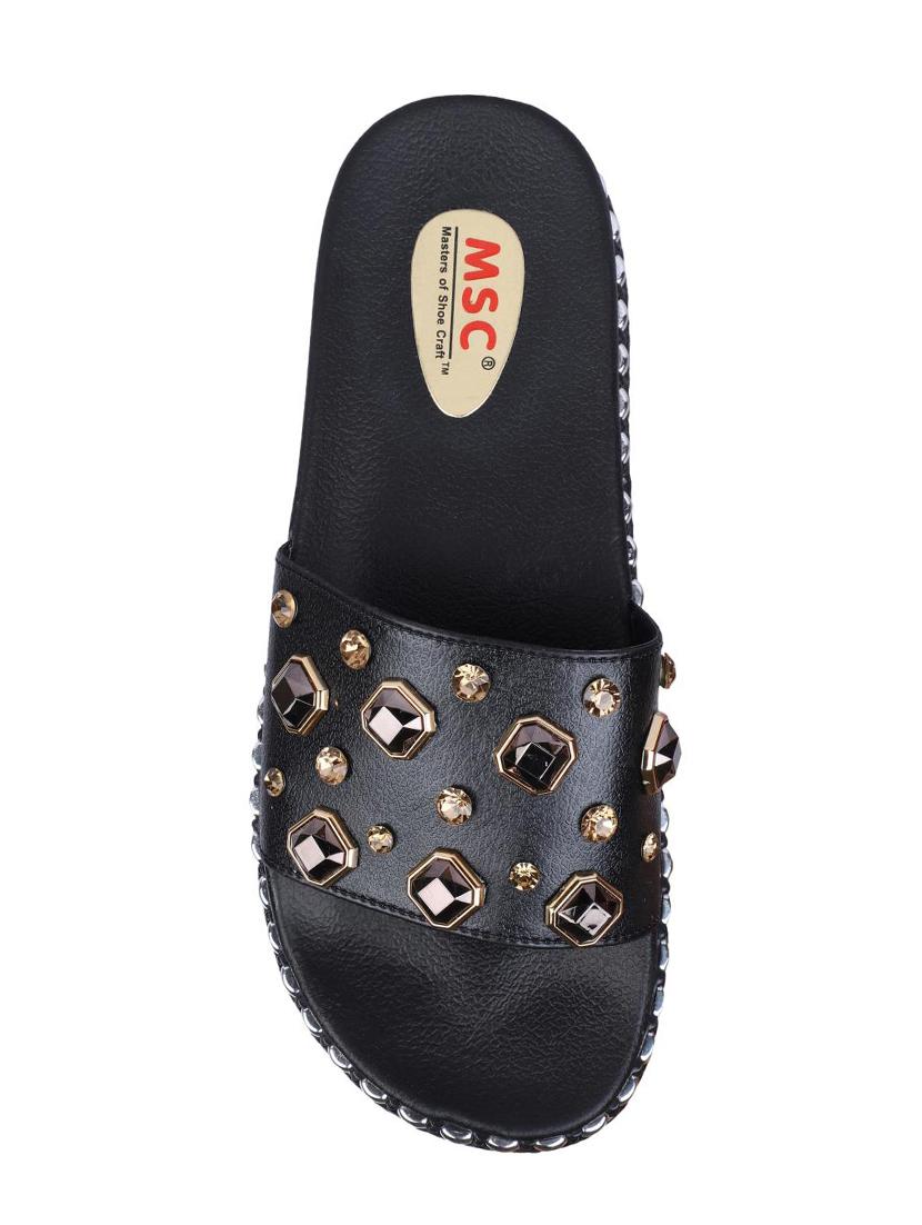 msc black leatherette slides flip flops - 16548856 - Zoom Image - 4