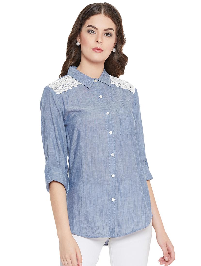 roll up sleeved contrast lace denim shirt - 16548936 - Zoom Image - 1