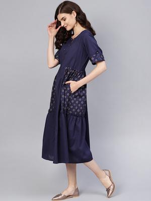 button detail printed a-line dress - 16549650 - Standard Image - 2
