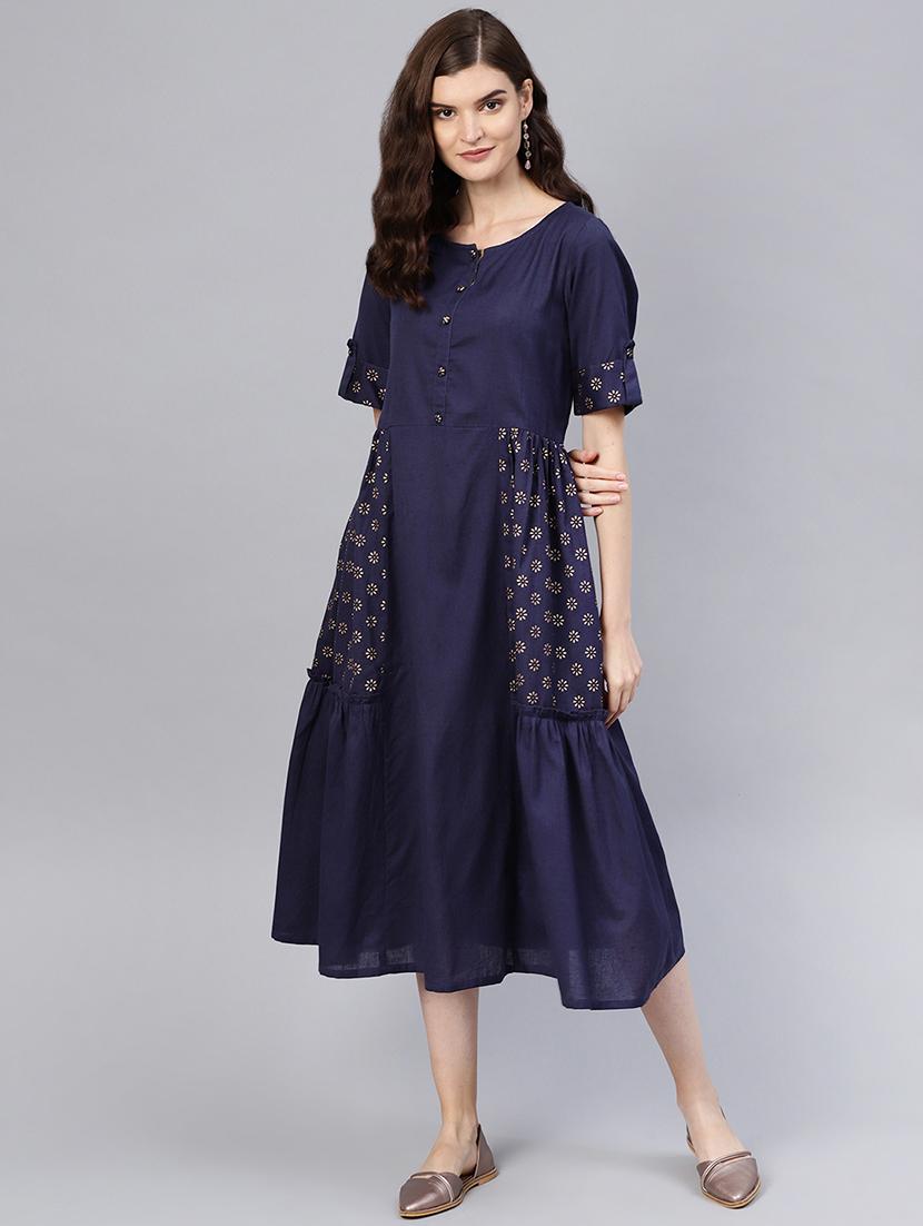 button detail printed a-line dress - 16549650 - Zoom Image - 1