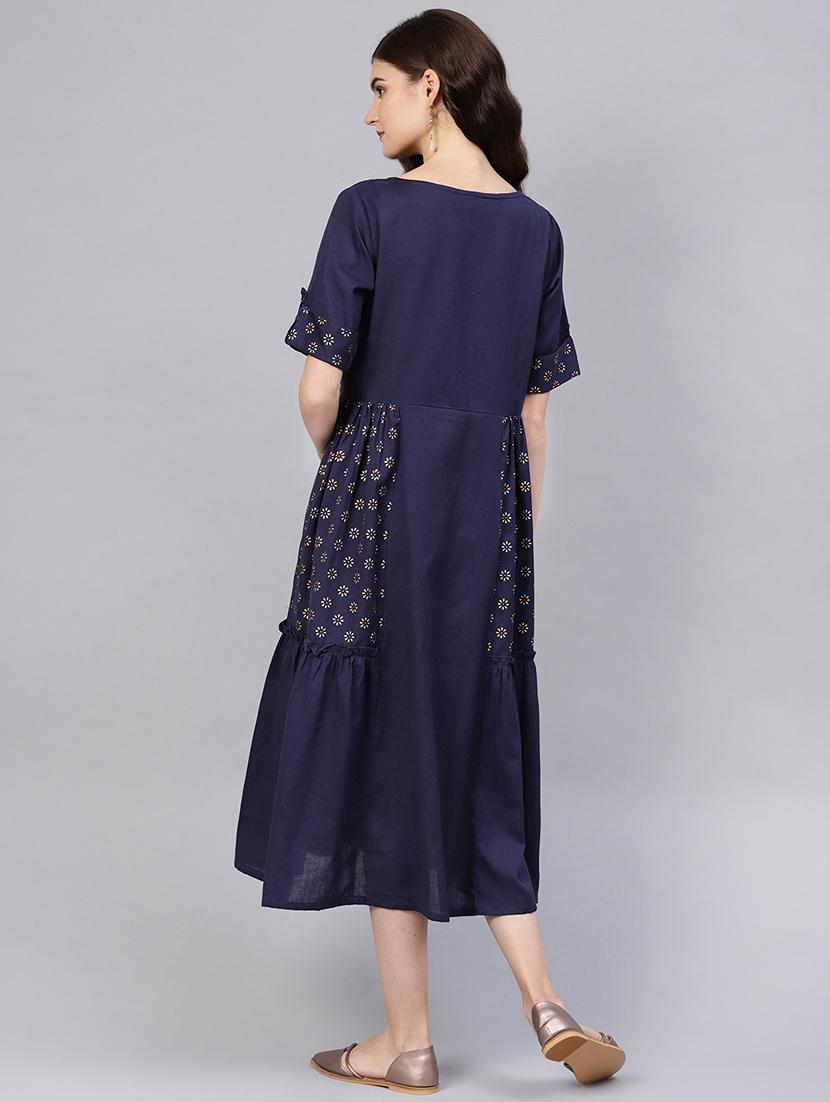 button detail printed a-line dress - 16549650 - Zoom Image - 3