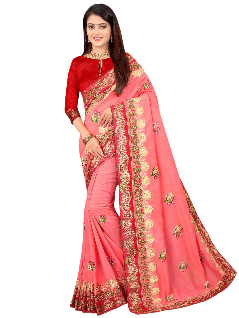 pink silk blend embroidered saree with blouse - 16550700 - Zoom Image - 1