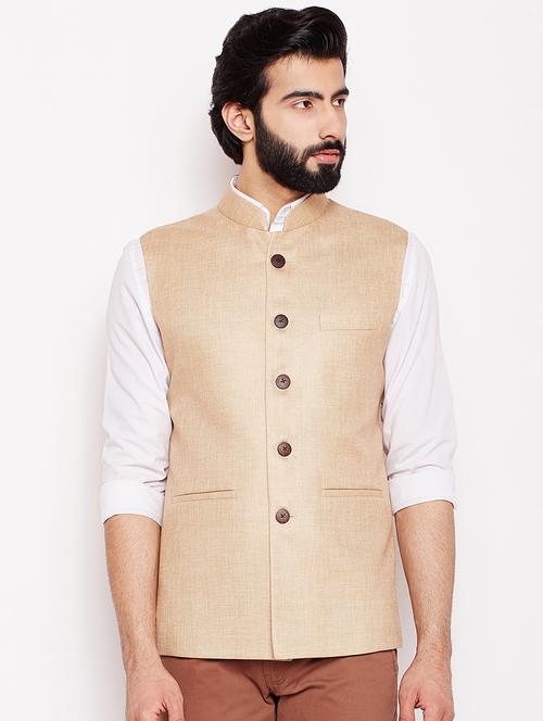 beige silk solid nehru jacket - 16550834 - Standard Image - 1