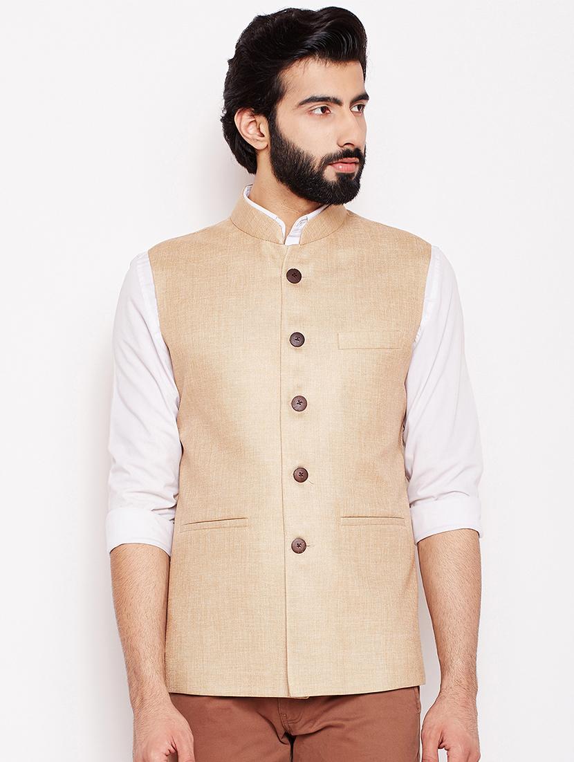 beige silk solid nehru jacket - 16550834 - Zoom Image - 1