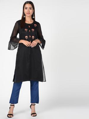 bell sleeves chanderi straight kurta - 16552171 - Standard Image - 2