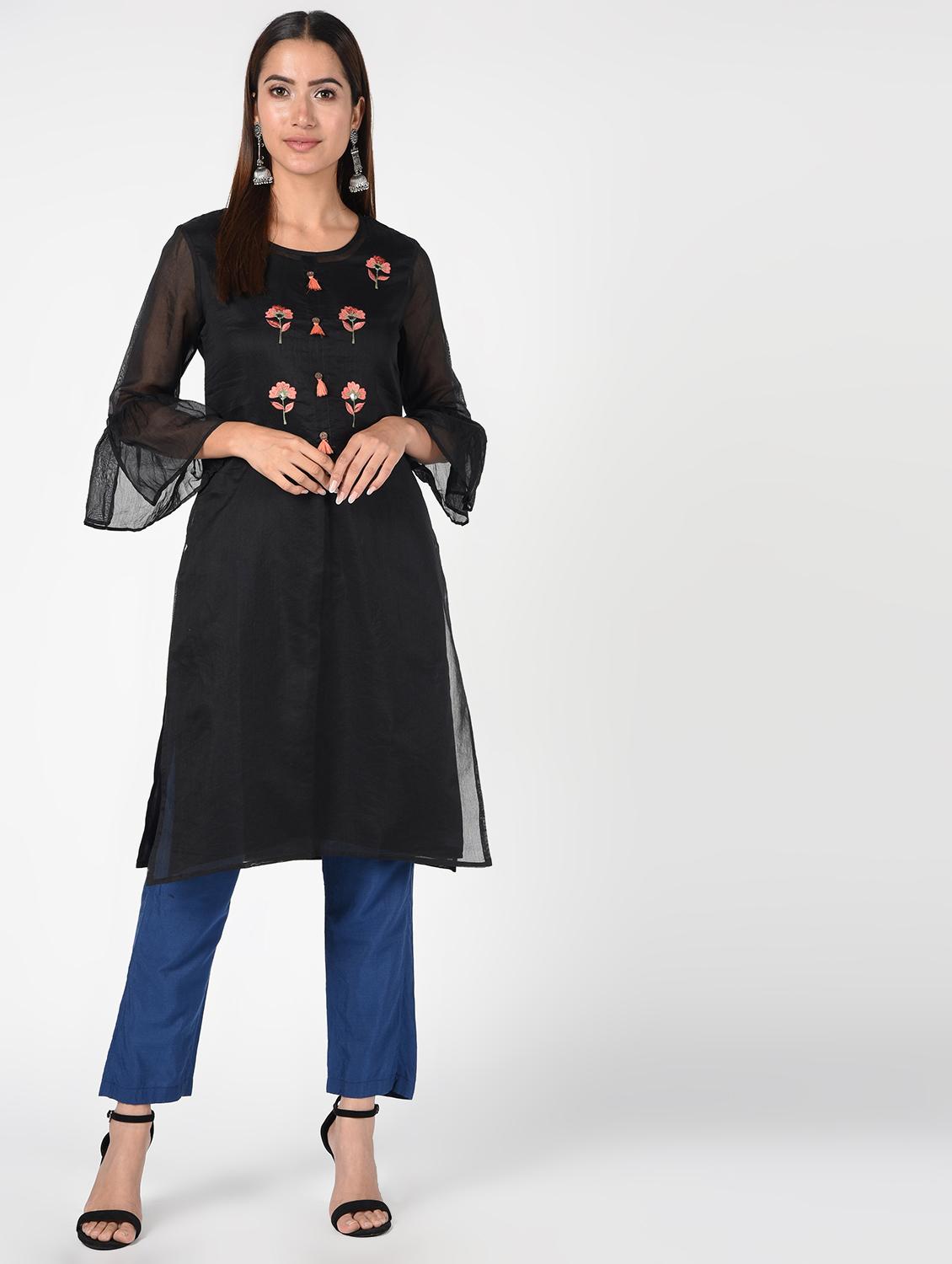bell sleeves chanderi straight kurta - 16552171 - Zoom Image - 2