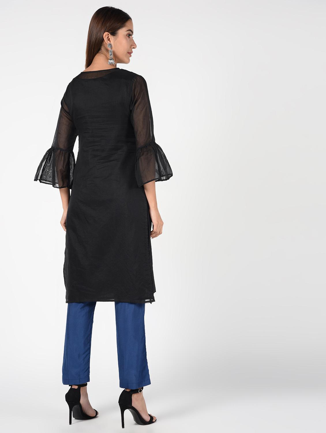 bell sleeves chanderi straight kurta - 16552171 - Zoom Image - 4