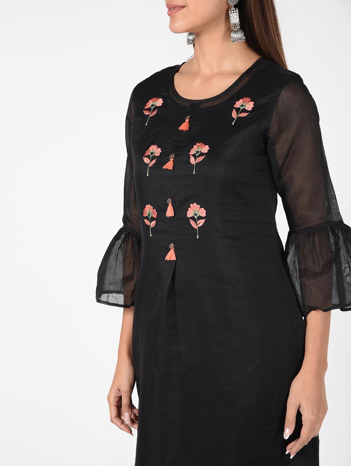 bell sleeves chanderi straight kurta - 16552171 - Zoom Image - 5