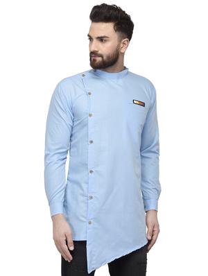light blue solid asymmetric short kurta - 16553194 - Standard Image - 2
