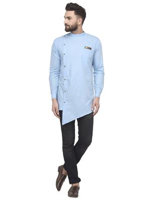 light blue solid asymmetric short kurta - 16553194 - Standard Image - 4