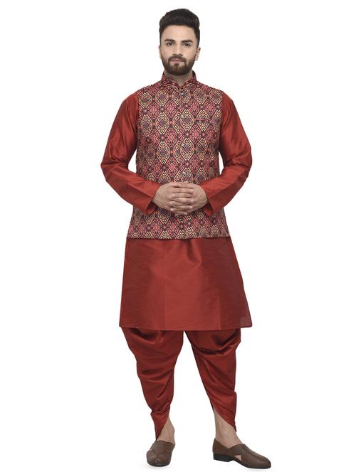 red solid dhoti kurta set with pink printed nehru jacket - 16553531 - Standard Image - 1