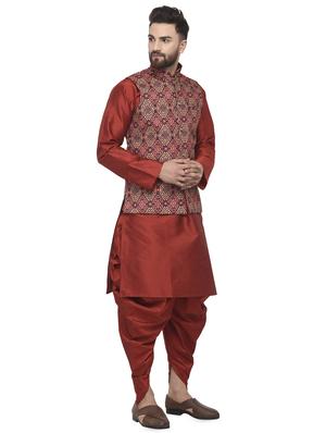 red solid dhoti kurta set with pink printed nehru jacket - 16553531 - Standard Image - 2
