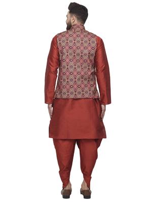 red solid dhoti kurta set with pink printed nehru jacket - 16553531 - Standard Image - 3