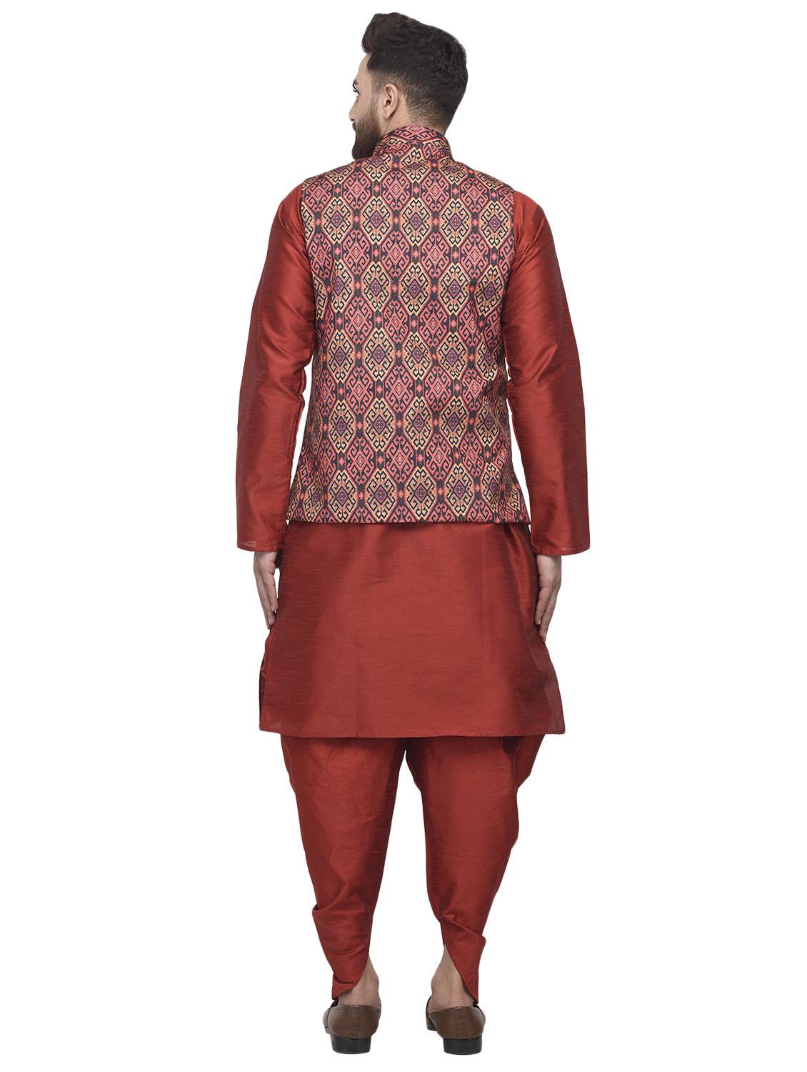 red solid dhoti kurta set with pink printed nehru jacket - 16553531 - Zoom Image - 3