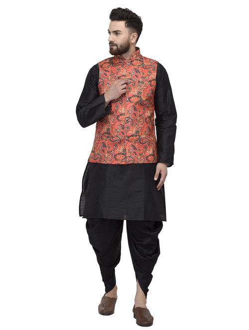 black solid dhoti kurta set with orange printed nehru jacket - 16553562 - Standard Image - 1