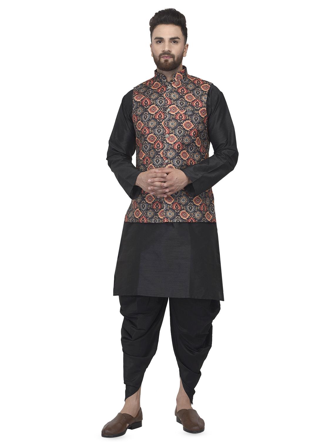 black solid dhoti kurta set with multi colored printed nehru jacket - 16553568 - Zoom Image - 1