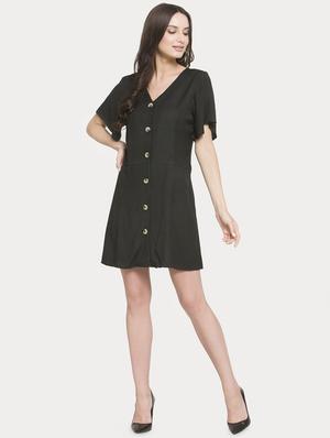 v neck button detail a-line dress - 16560001 - Standard Image - 4