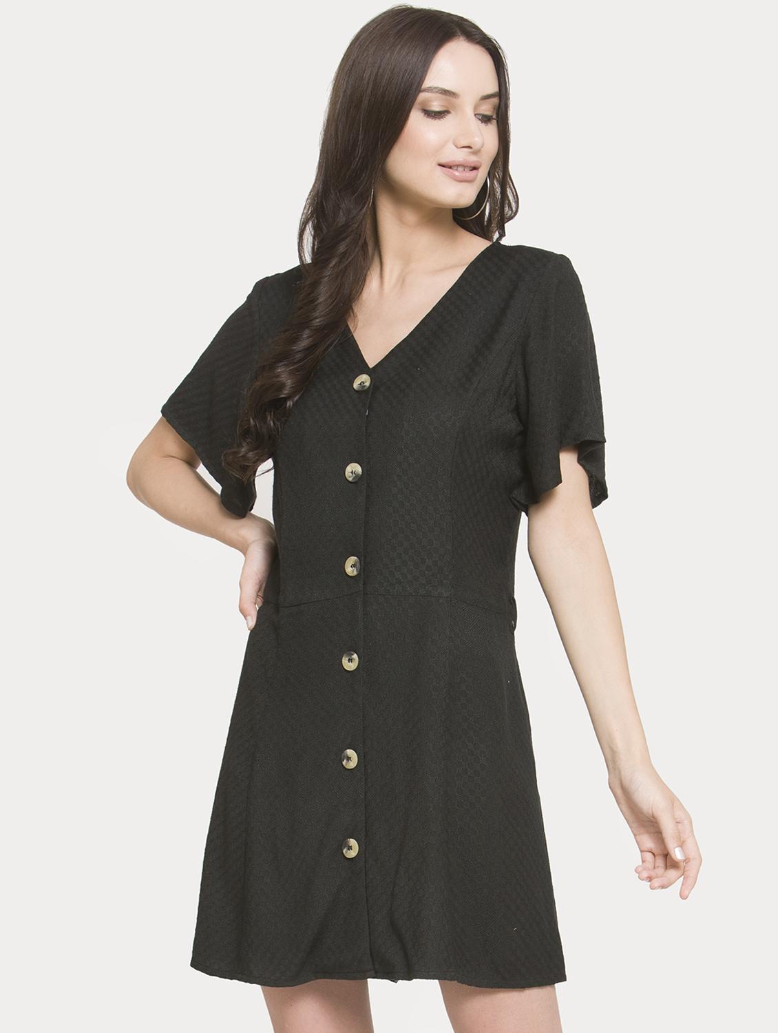 v neck button detail a-line dress - 16560001 - Zoom Image - 1