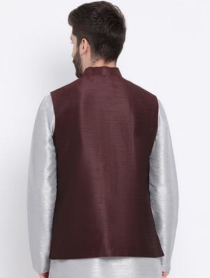 brown silk blend nehru jacket - 16561948 - Standard Image - 3