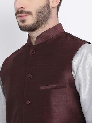 brown silk blend nehru jacket - 16561948 - Standard Image - 4
