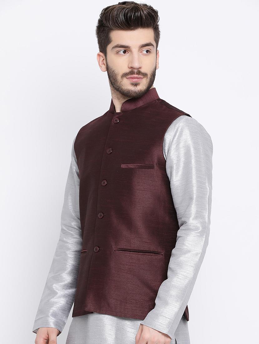 brown silk blend nehru jacket - 16561948 - Zoom Image - 2