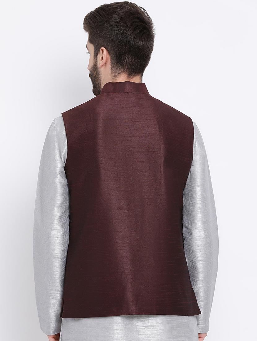 brown silk blend nehru jacket - 16561948 - Zoom Image - 3