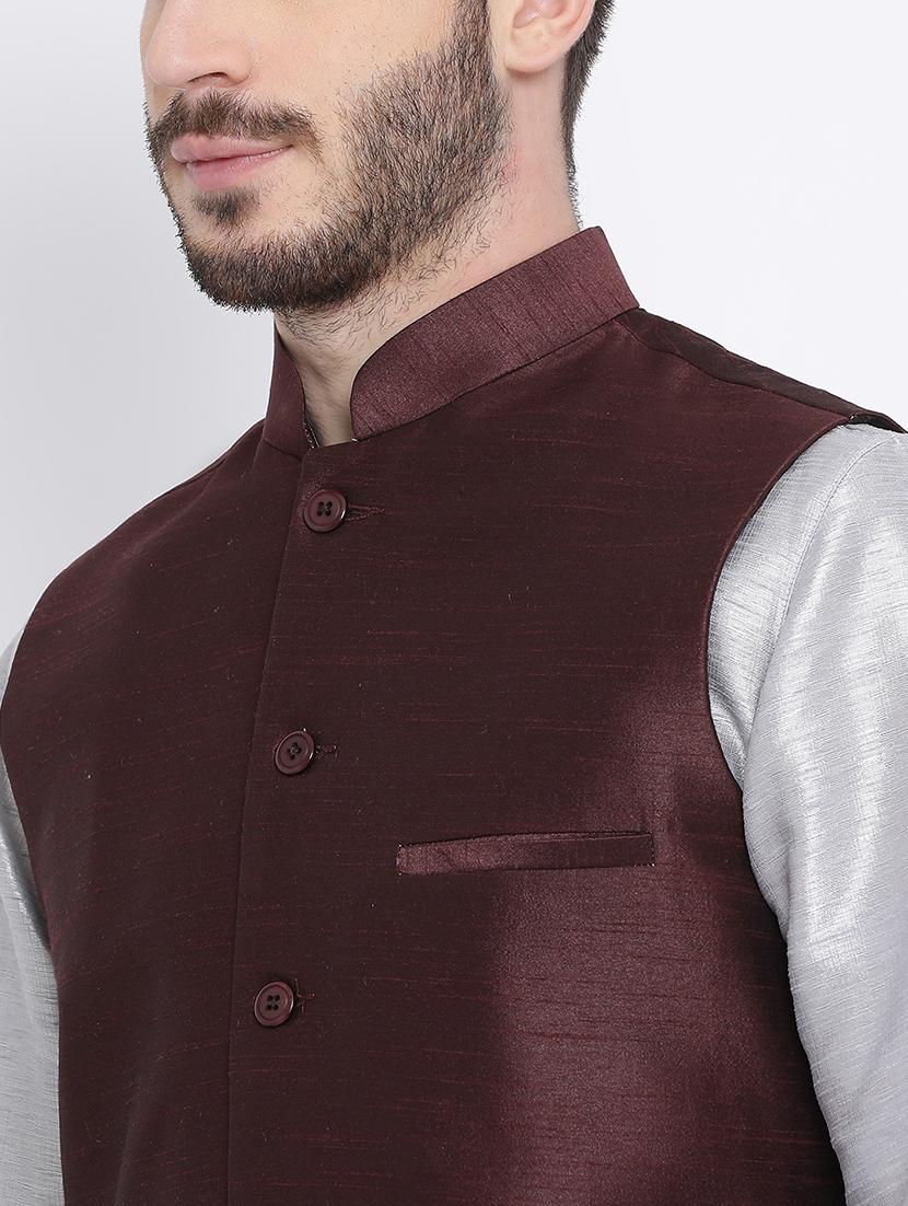brown silk blend nehru jacket - 16561948 - Zoom Image - 4