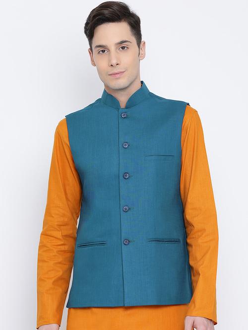 blue solid nehru jacket - 16561991 - Standard Image - 1