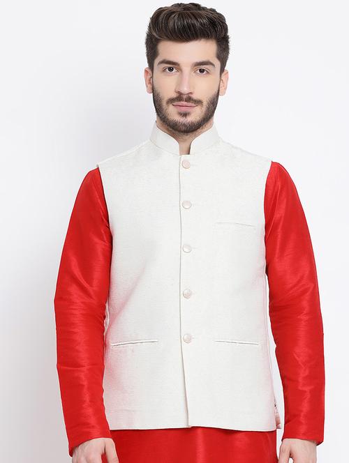 white silk solid nehru jacket - 16562002 - Standard Image - 1