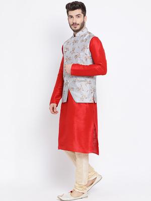 red pure silk kurta pyjama set with nehru jacket - 16562413 - Standard Image - 2
