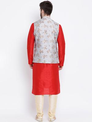 red pure silk kurta pyjama set with nehru jacket - 16562413 - Standard Image - 3