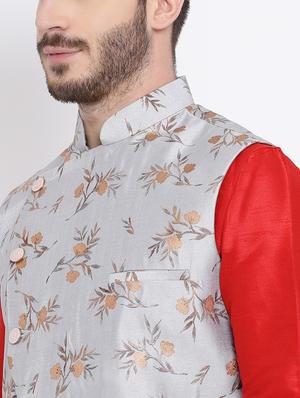 red pure silk kurta pyjama set with nehru jacket - 16562413 - Standard Image - 4