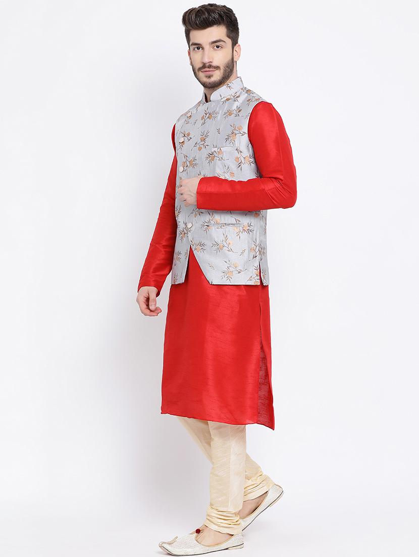 red pure silk kurta pyjama set with nehru jacket - 16562413 - Zoom Image - 2