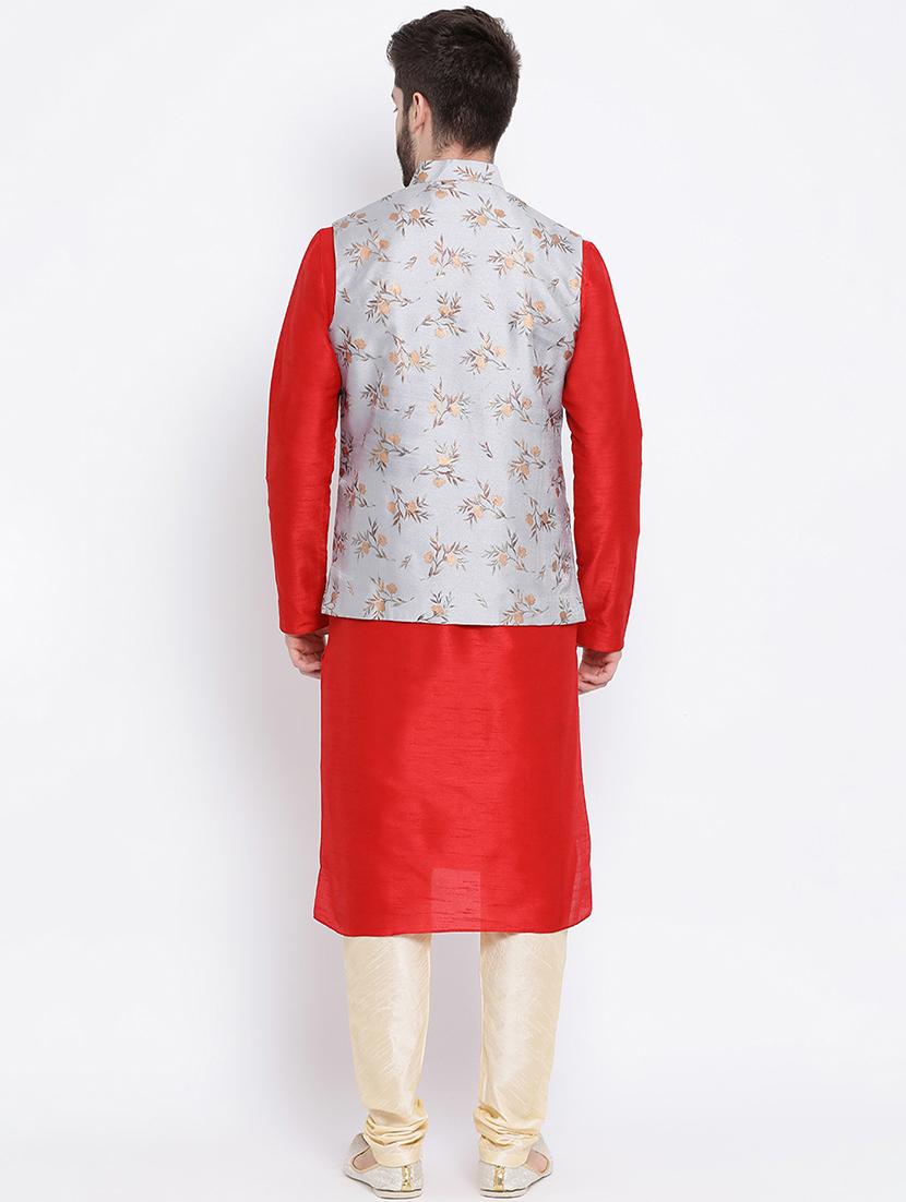 red pure silk kurta pyjama set with nehru jacket - 16562413 - Zoom Image - 3