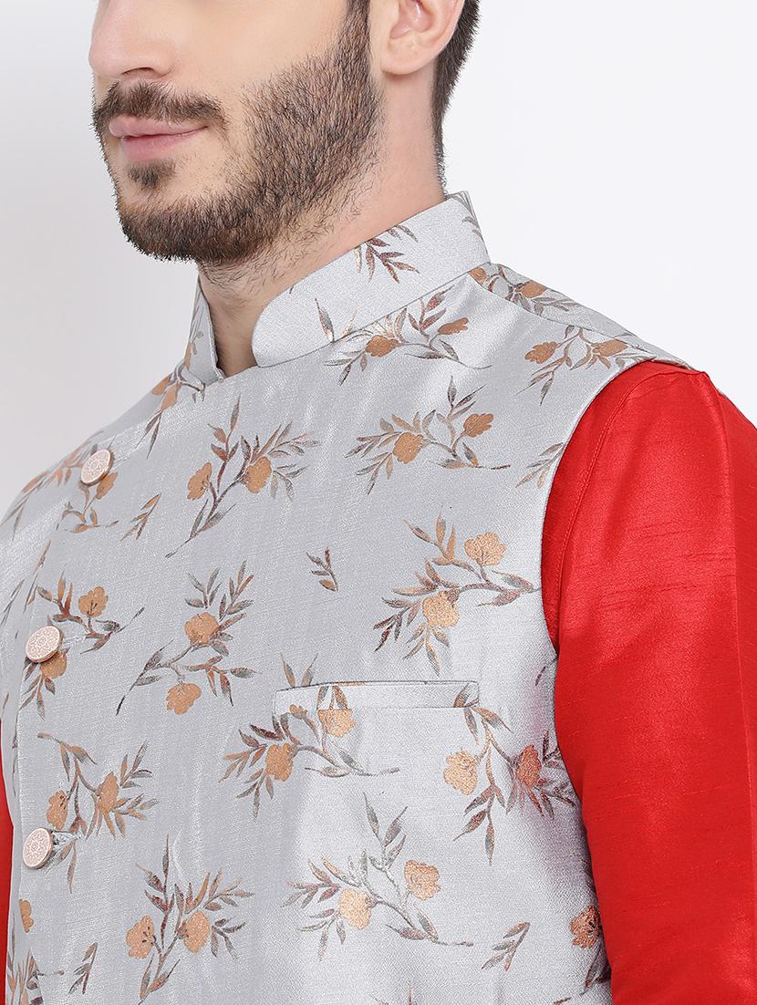 red pure silk kurta pyjama set with nehru jacket - 16562413 - Zoom Image - 4