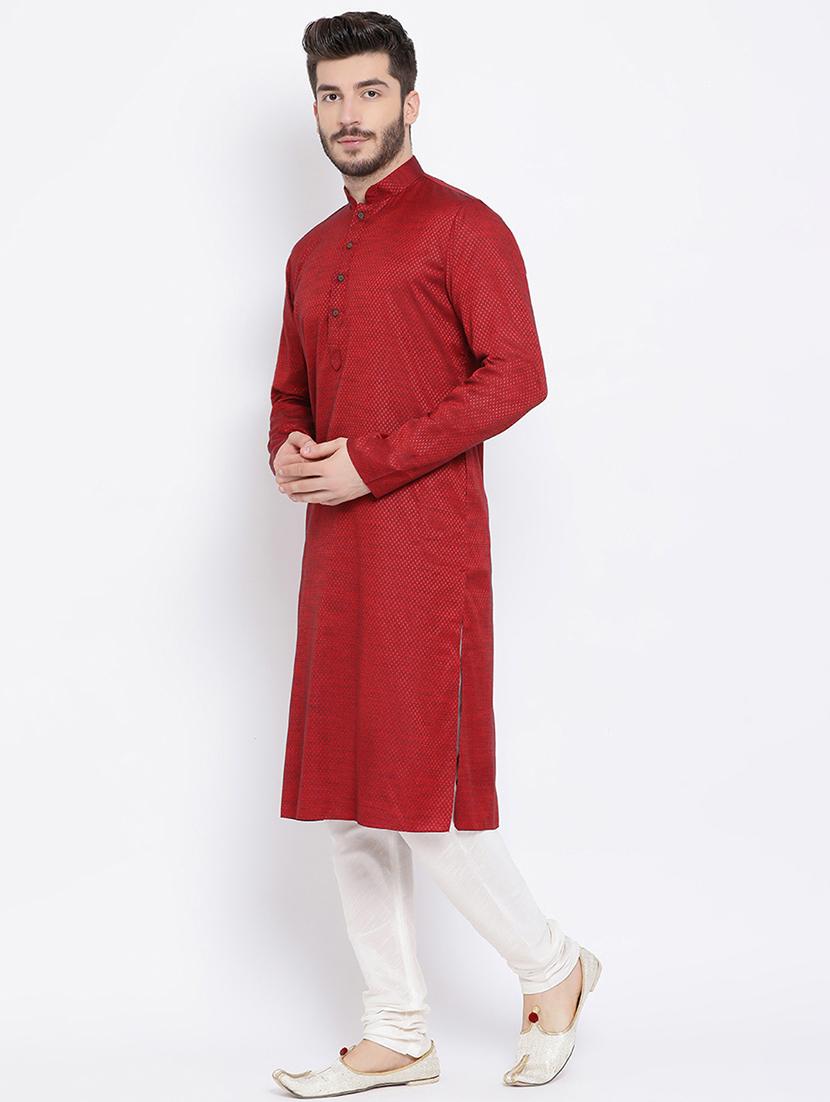 red jacquard long kurta - 16562555 - Zoom Image - 2
