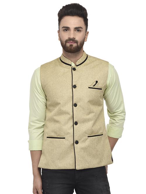 beige solid nehru jacket - 16566716 - Standard Image - 1