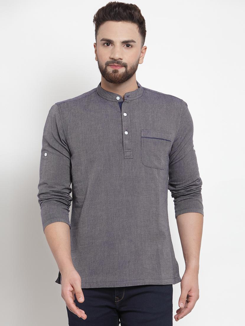 grey solid short kurta - 16567181 - Zoom Image - 1