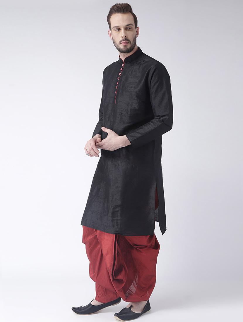 black pure silk dhoti kurta set - 16567370 - Zoom Image - 2