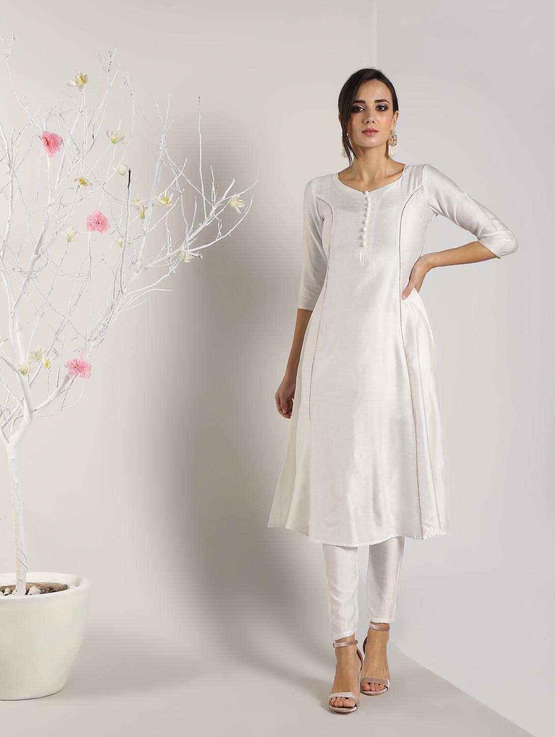 piping detailed silk flared kurta - 16568793 - Zoom Image - 2