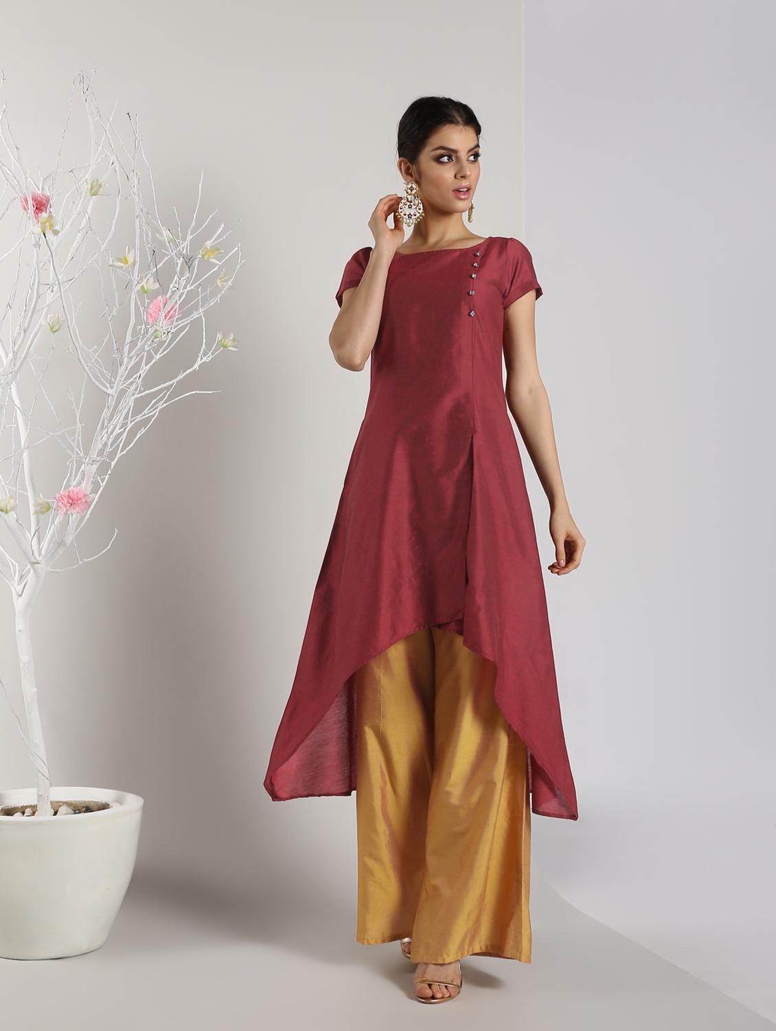 solid silk asymmetric kurta - 16568795 - Zoom Image - 1