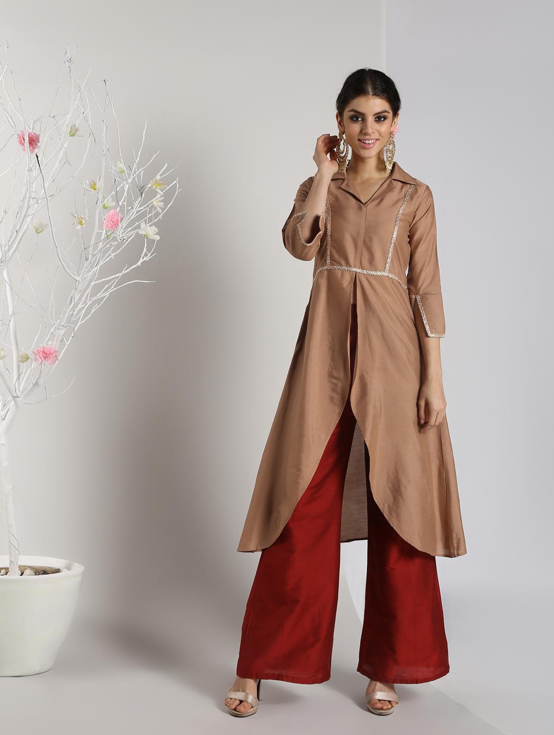 solid silk high slit kurta - 16568799 - Zoom Image - 1