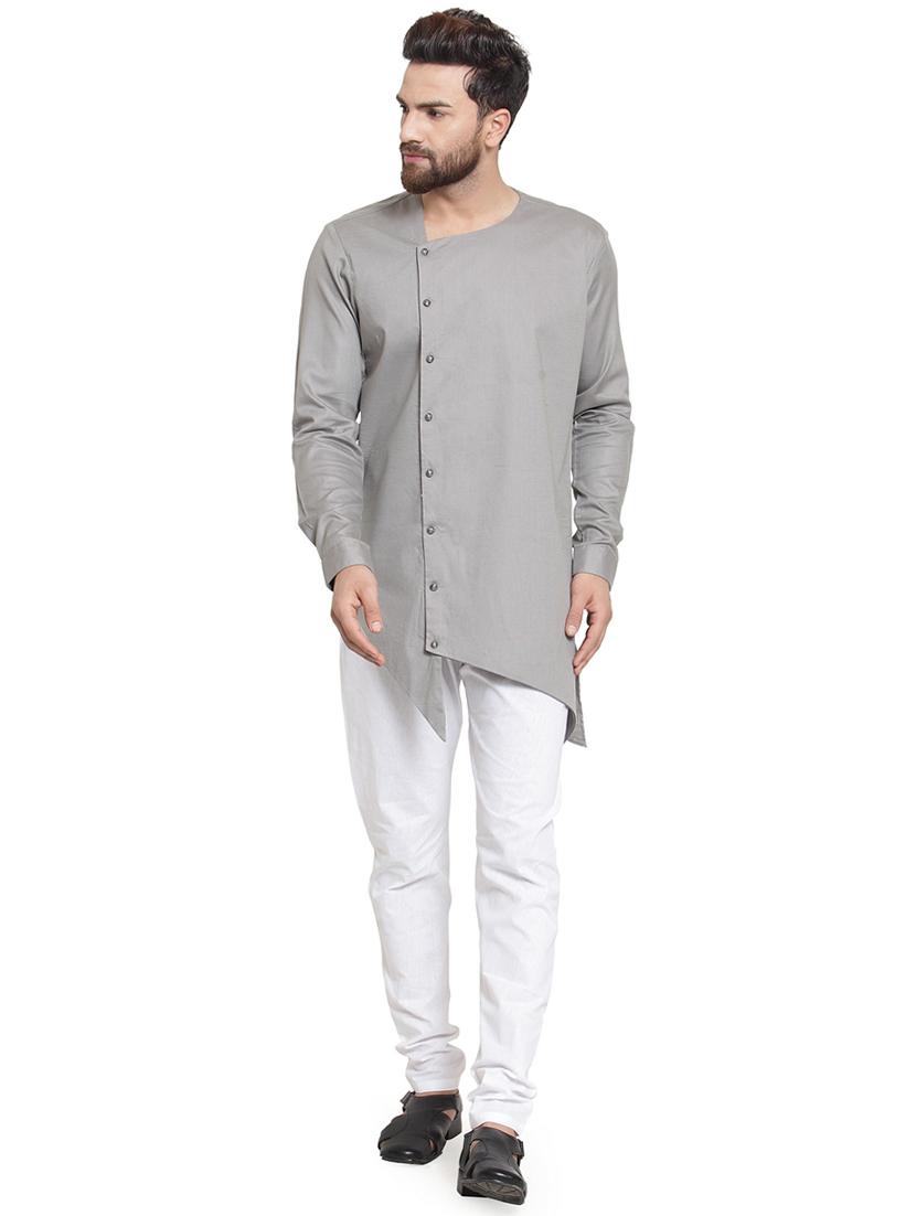 grey solid asymmetric kurta pyjama set - 16568994 - Zoom Image - 1