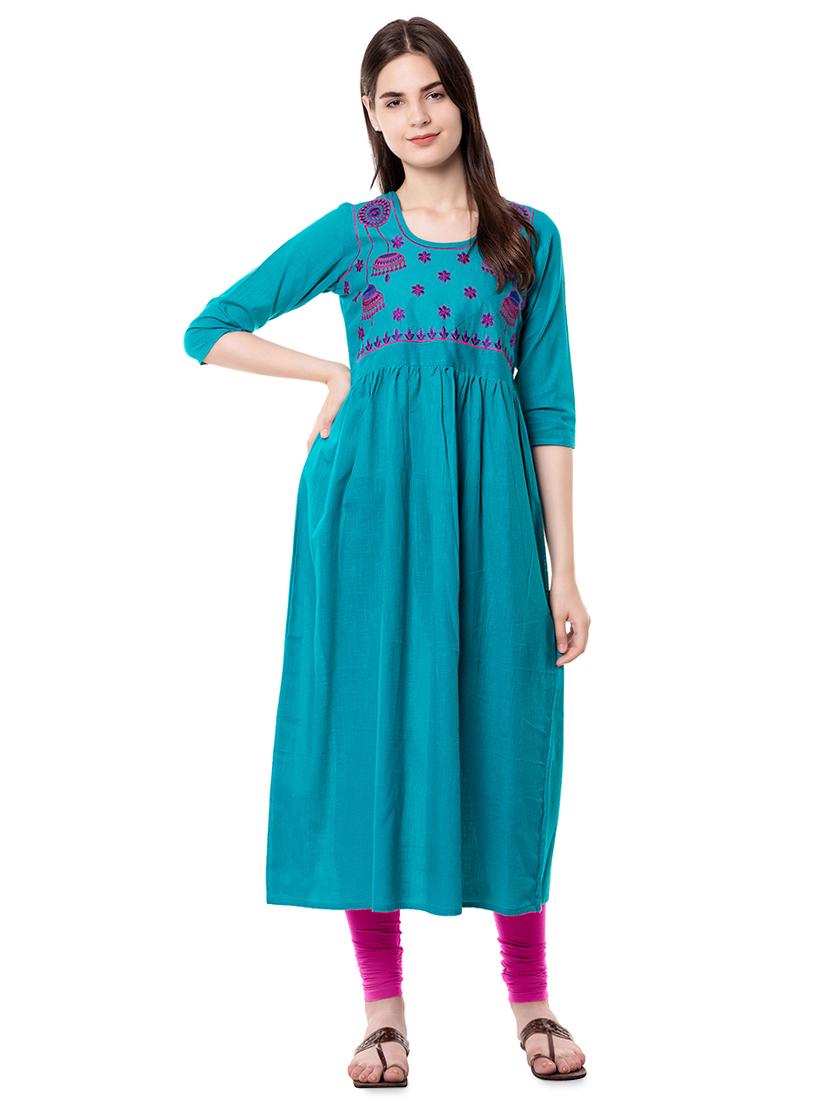 turquoise embroidered kurta - 16569130 - Zoom Image - 1
