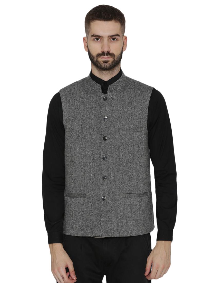 grey woolen solid nehru jacket - 16571342 - Zoom Image - 1